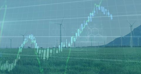Wind Farm Showing Renewable Energy Market Growth with Candlestick Finance Overlay