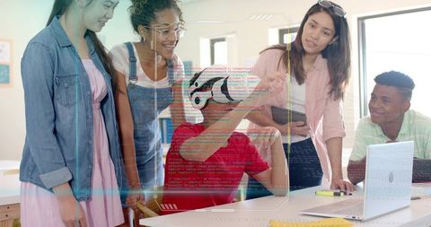 Teen wearing vr headset engaging in immersive stem learning with diverse classmates