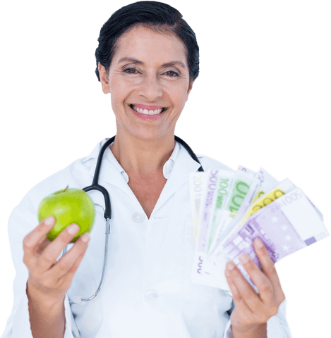 Confident Doctor Holding Green Apple and Euro Banknotes Transparent