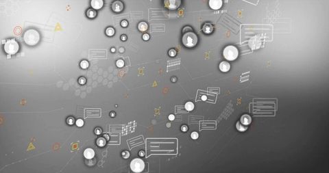 Visualizing digital network with user avatars and chat bubbles over monochrome gradient background