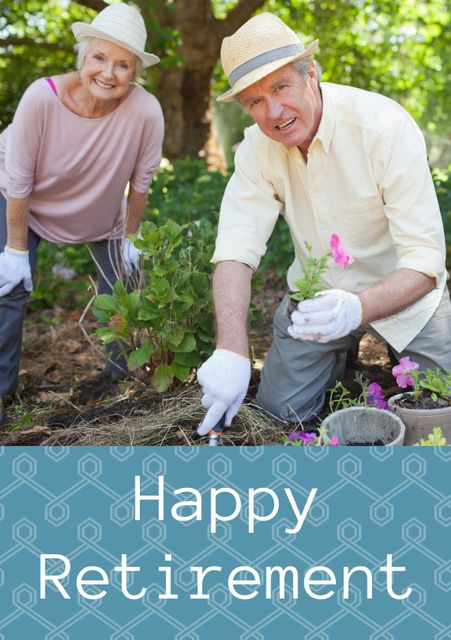 Celebrating a milestone, an elderly couple enjoys gardening together, embodying leisure and fulfillment in retirement. Ideal for invitations or congratulations cards, the template can also suit articles on active aging or hobby gardening.