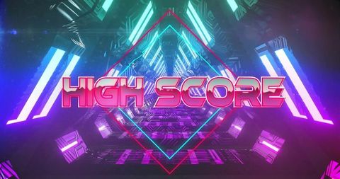 Retrofuturistic Neon High Score Text in Digital Tunnel