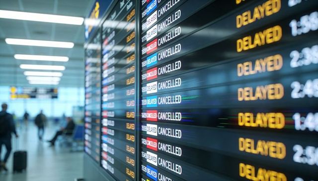 Airport departures board displaying cancelled and delayed flights during travel disruption