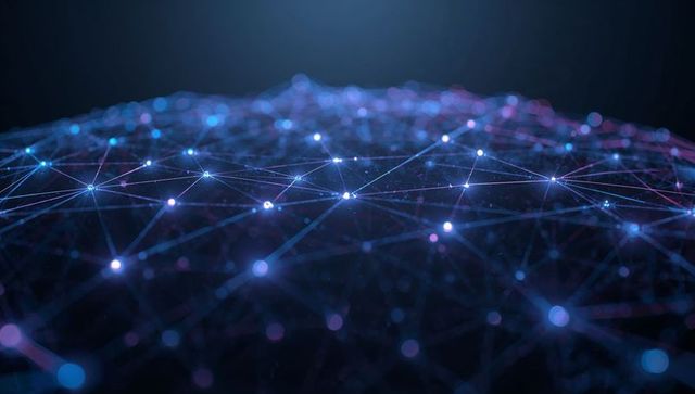 Glowing Neural Network Mesh Connecting Nodes over Futuristic Data Grid