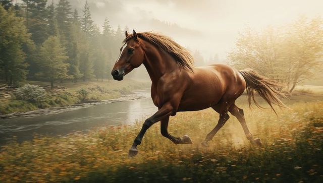 Majestic bay horse galloping by riverside meadow