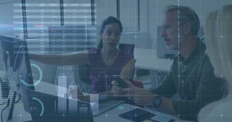 Financial team collaborating on data analysis in modern office