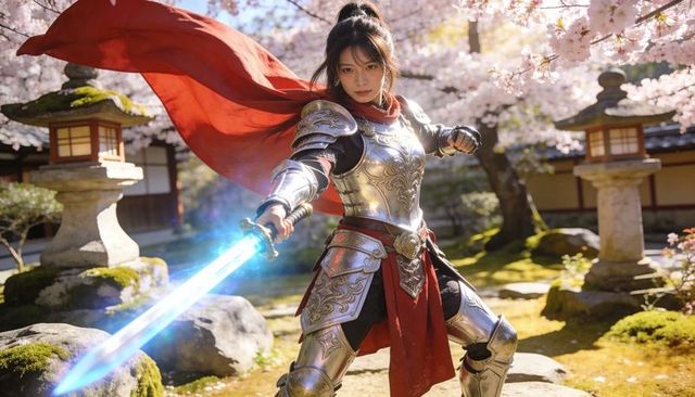 Asian knight wielding glowing energy sword in cherry garden, ornate plate armor, red cape