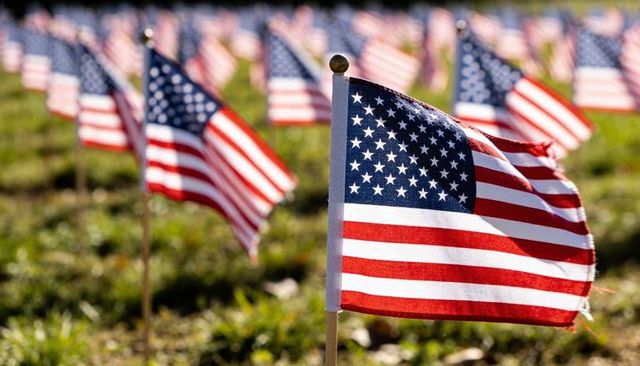 Fluttering american flag in sunlit memorial field with rows of flags for veterans day