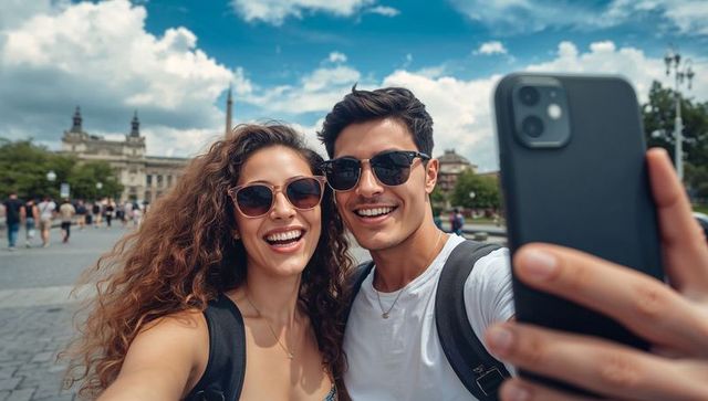 Couple Joyfully Capturing Memories at Urban Plaza Adventure