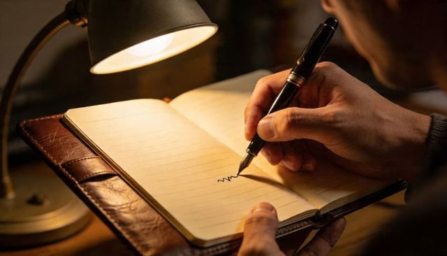 Writing in leather journal under warm lamp light with fountain pen and cozy workspace