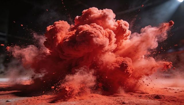 Exploding Crimson Powder Cloud Billowing Across Studio Floor with Dramatic Stage Light