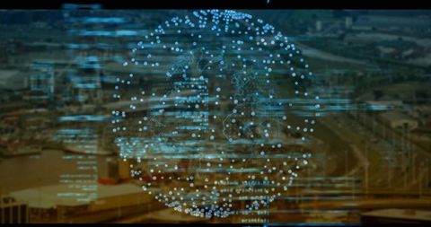 Futuristic Holographic Globe with Digital Data in Urban Cityscape