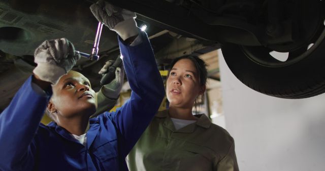 Image of two diverse female car mechanics repairing car. working in car repair shop and running small feminine business concept.