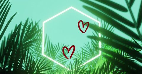 Glowing neon hexagon frame floating among tropical palm fronds with red heart accents