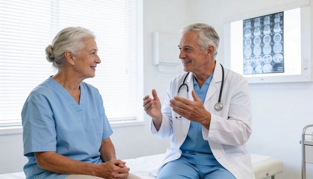 Senior patient consulting with compassionate doctor beside brain scans in consultation room