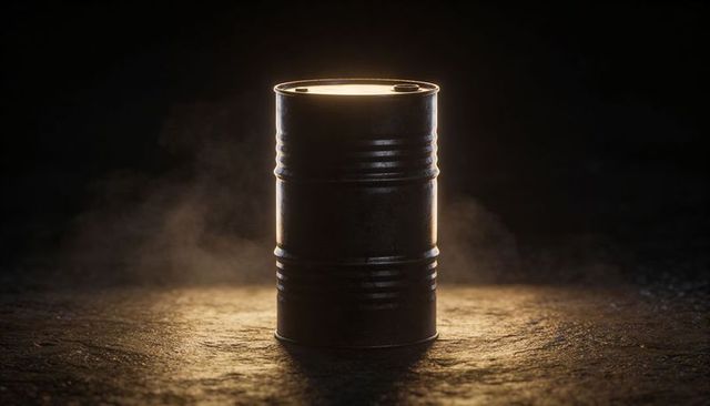 Cinematic Glowing Industrial Oil Drum on Concrete Emitting Warm Rim Light and Haze