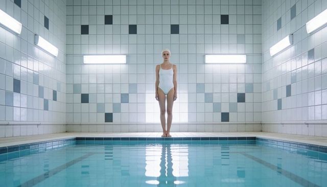Minimalist symmetry swimmer standing tiled indoor pool edge with reflective lights