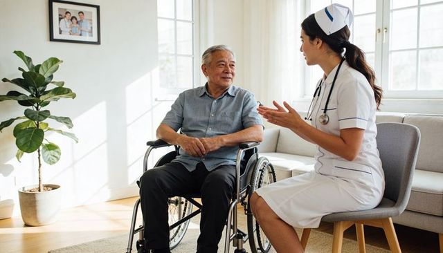 Nurse consulting with senior man in wheelchair during home care visit in sunlit living room