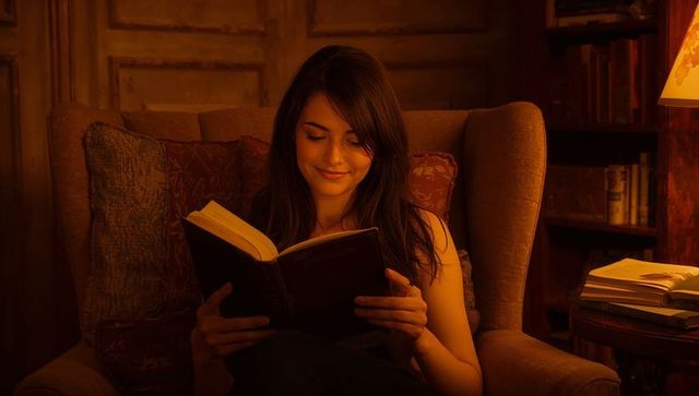Woman reading by warm lamp in cozy wingback chair in home library at amber glow