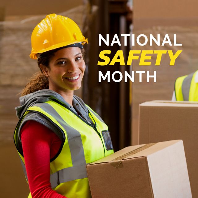 Female warehouse worker smiling while holding a cardboard package, emphasizing safety during National Safety Month. Ideal for articles or campaigns on workplace safety, industrial protocols, warehouse management, and occupational health.