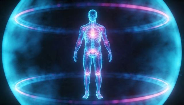 Futuristic holographic human skeleton with neon joint markers inside medical sphere