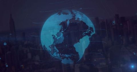 Futuristic Digital Globe with Data Icons over Cityscape - Download Free Stock Images Pikwizard.com