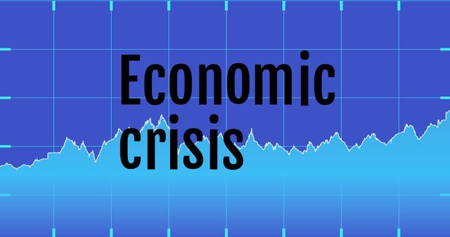 Illustration of economic crisis text on blue line graph, copy space. Financial crisis, inflation, recession, loss of paper wealth, severe and sudden upset in economy.