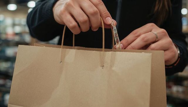 Woman placing folded note into kraft paper shopping bag at checkout counter closeup