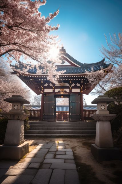 Serene Japanese Shrine During Cherry Blossom Season - Download Free Stock Images Pikwizard.com