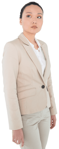 Asian Businesswoman Posing on Transparent Background in Beige Suit