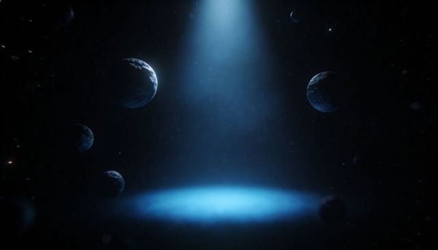 Blue Spotlight Over Cosmic Platform Illuminating Cratered Planets, Floating Moons and Dust