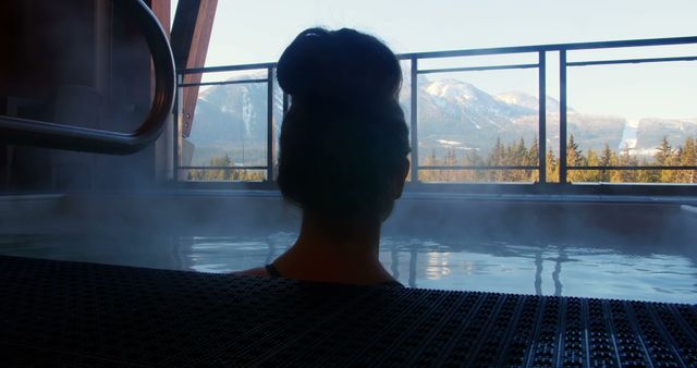 Woman Relaxing in Hot Tub with Scenic Mountain View - Download Free Stock Images Pikwizard.com