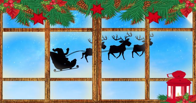 Santa and Sleigh with Reindeer Viewed Through Festive Window - Download Free Stock Images Pikwizard.com