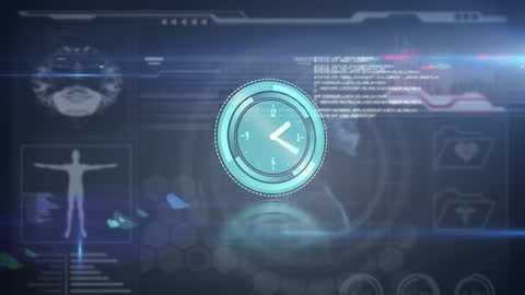 Futuristic Clock Interface with Data and Body Analysis Elements