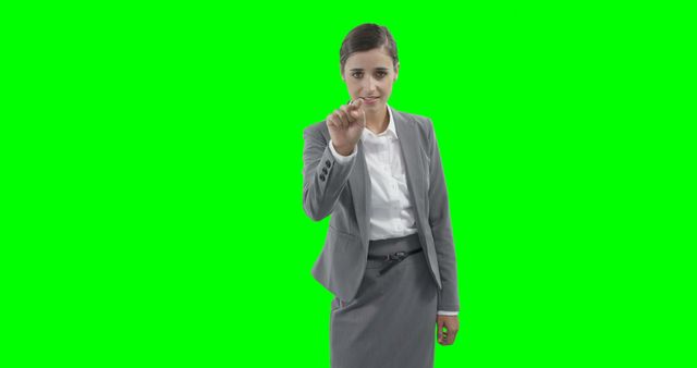 Businesswoman Interacting with Virtual Interface in Green Screen Background - Download Free Stock Images Pikwizard.com