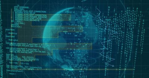 Holographic Rotating Globe Wireframe with Data Streams, Code Overlay and Dashboard UI