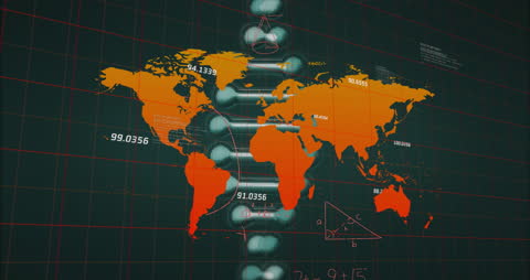 Digital World Map with DNA Strands and Data Processing Elements