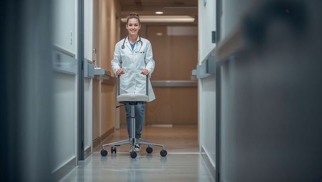 Female clinician pushing rolling stool in hospital corridor with stethoscope