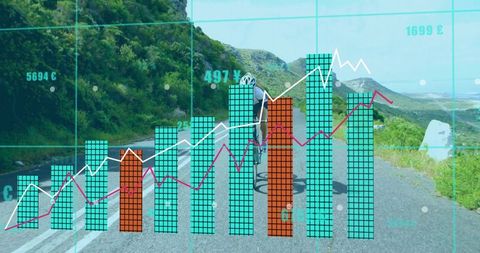 Cyclist on mountain road with overlapping data analytics bar chart