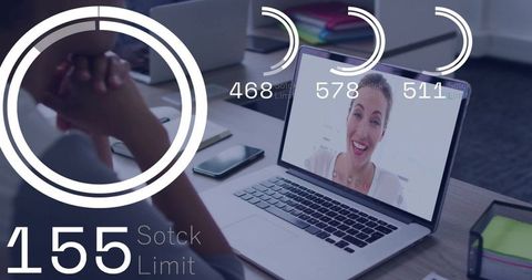 Remote team collaborating during laptop video conference with dashboard overlay and office workspace