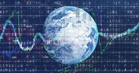 Digital earth with overlaid financial data and binary code