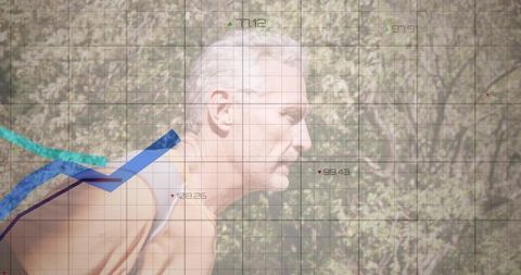 Senior Athlete Preparing for Run with Performance Graphs and Fitness Data Overlay