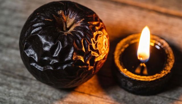 Wrinkled dried apple glowing with tealight candlelight on rustic wooden tabletop