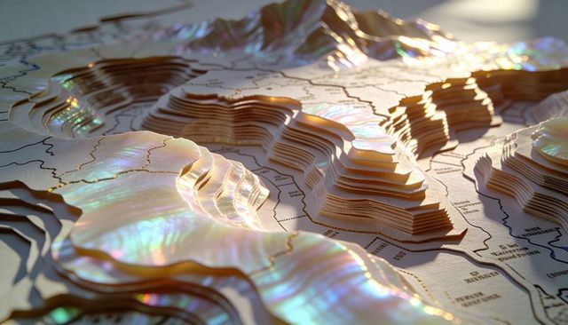 Displaying pearlescent topographic paper model with layered contours and shimmering light