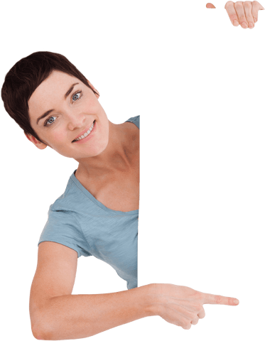 Smiling Brunette Woman Pointing at Blank Transparent Banner - Download Free Stock Videos Pikwizard.com