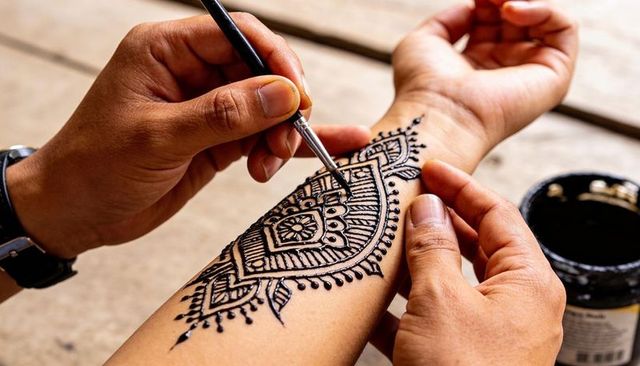 Artist applying intricate black henna mandala on inner forearm with brush and jar