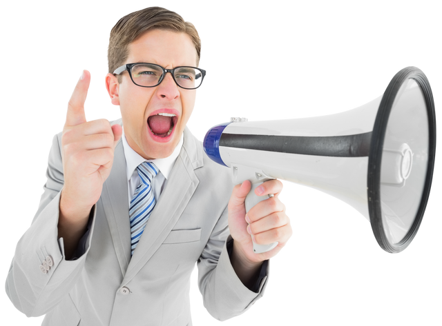 Geeky Businessman in Gray Suit Shout through Transparent Megaphone - Download Free Stock Videos Pikwizard.com