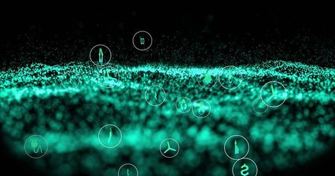 Teal particle field with floating energy and tech icons, holographic turquoise network