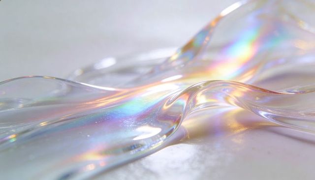 Iridescent wavy film catching light on pale marble with rainbow reflections and glossy texture