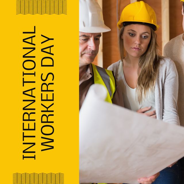 Image depicting International Workers Day with diverse architects or construction engineers checking blueprints on a construction site. Useful for celebrating worker collaboration and teamwork in professional environments, boosting awareness about workers' rights and benefits, and depicting diversity in the workplace. Perfect for use in promotions, social media posts, blog articles about labor day celebrations, and related events.